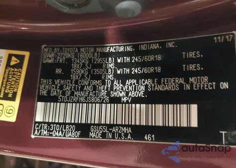 2018 Toyota Highlander Xle z USA, uszkodzony, nr VIN 5TDJZRFH6JS806726